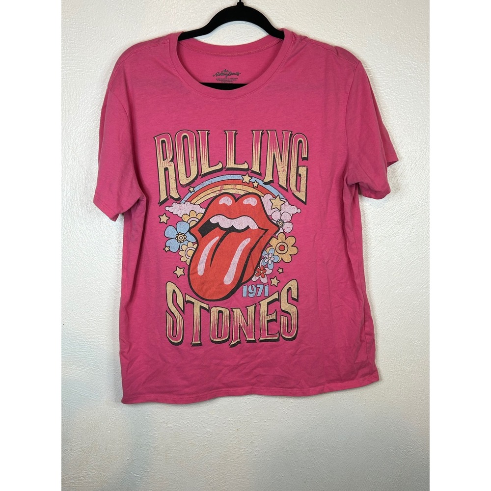 Rolling Stones 1971 UK Tour Graphic T-Shirt Pink Women Large 12-14 Retro Rock